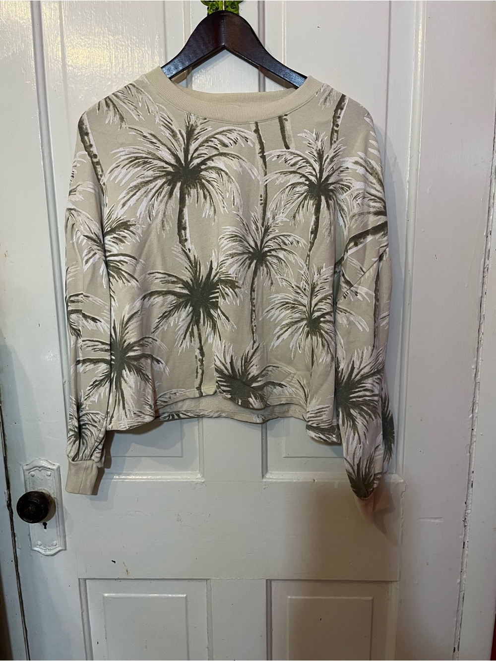 Z Supply Palm Tree Print Crewneck Sweater in Beige and Olive